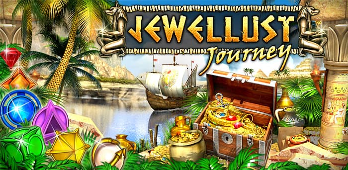 Jewellust gameplay preview with jewel matching and Egyptian theme.