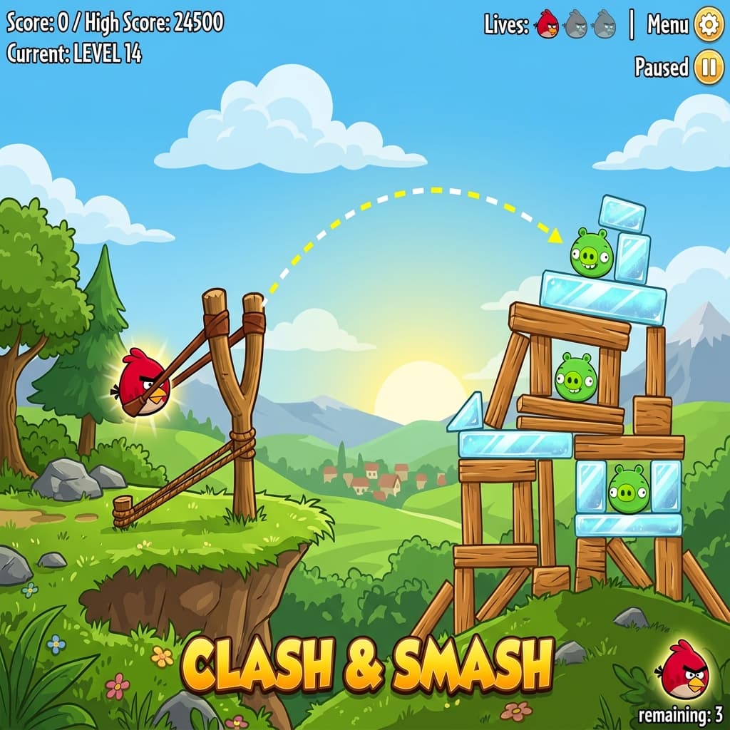 Angry Birds Classic gameplay with red bird in slingshot.