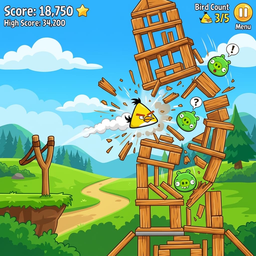 Angry Birds Classic yellow bird smashing through tower.