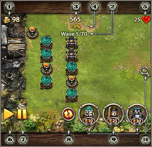 Myth Defense: Light Forces combat HUD showing towers, wave count, score, and build buttons.