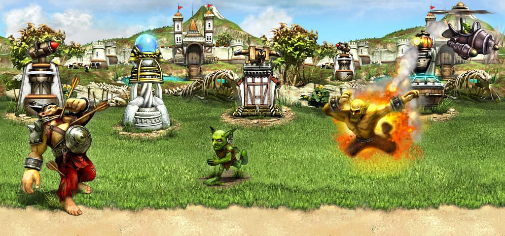 Myth Defense: Light Forces promotional combat scene with towers firing on enemies in a grassy battlefield.