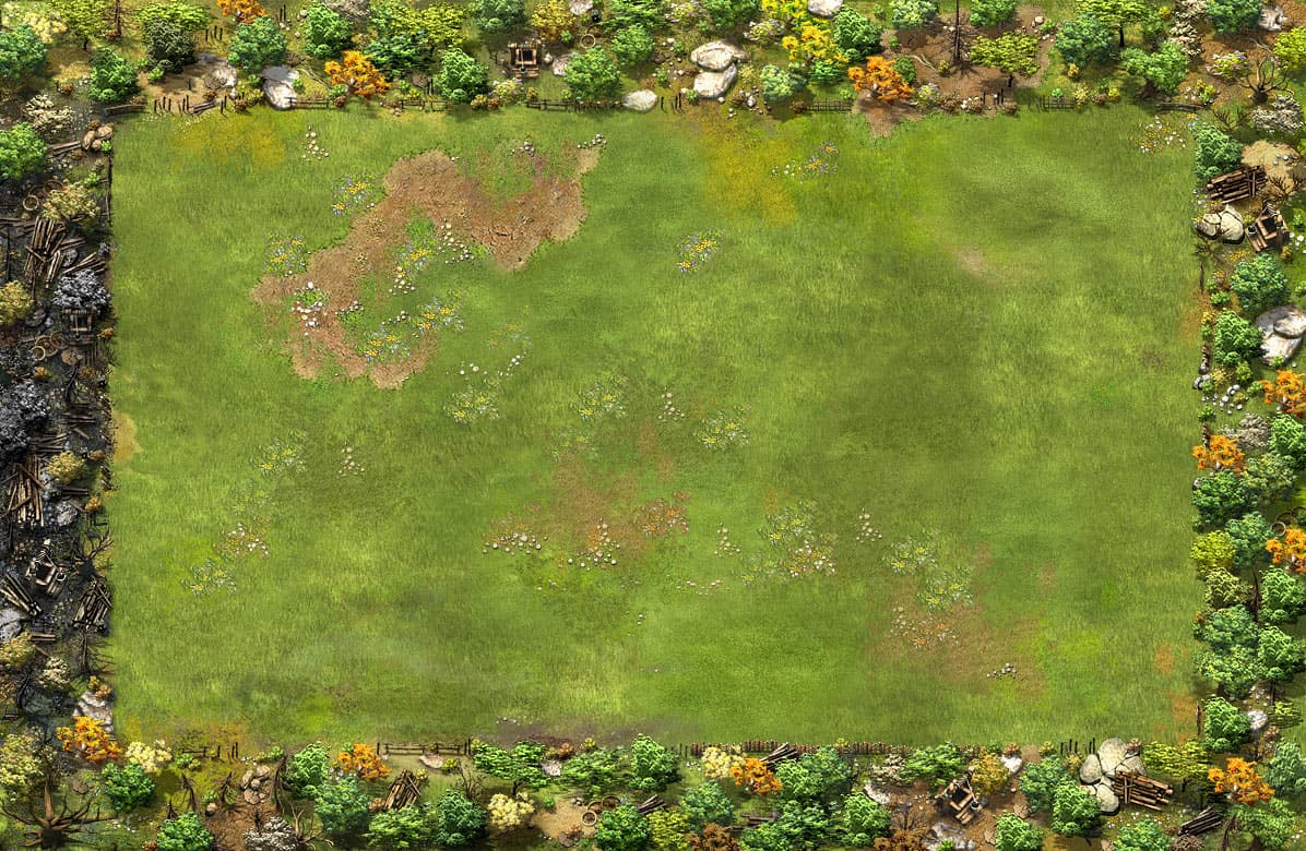 Myth Defense: Light Forces grassland battlefield layout with buildable ground and map border art.