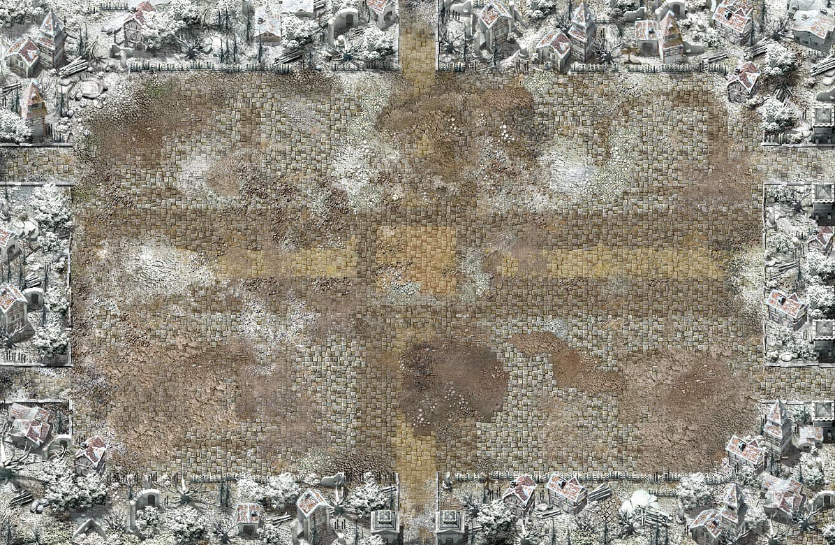 Myth Defense: Light Forces winter battlefield layout with a stone road and snowy village surroundings.